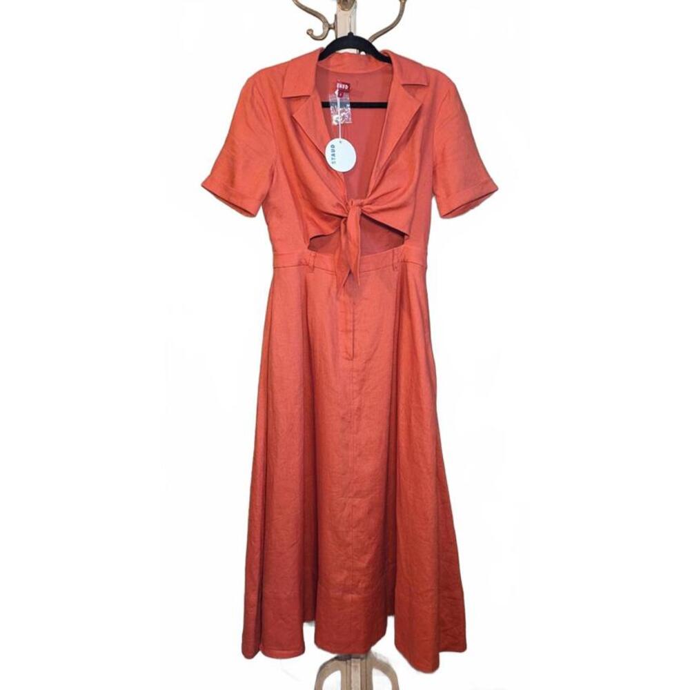NWT STAUD Linen Tie Front Short Sleeve Orange Midi Dress 6